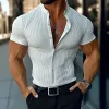 Men's Solid Striped Stand Collar Short Sleeve Shirt MTA1770D4Z sold by Manly