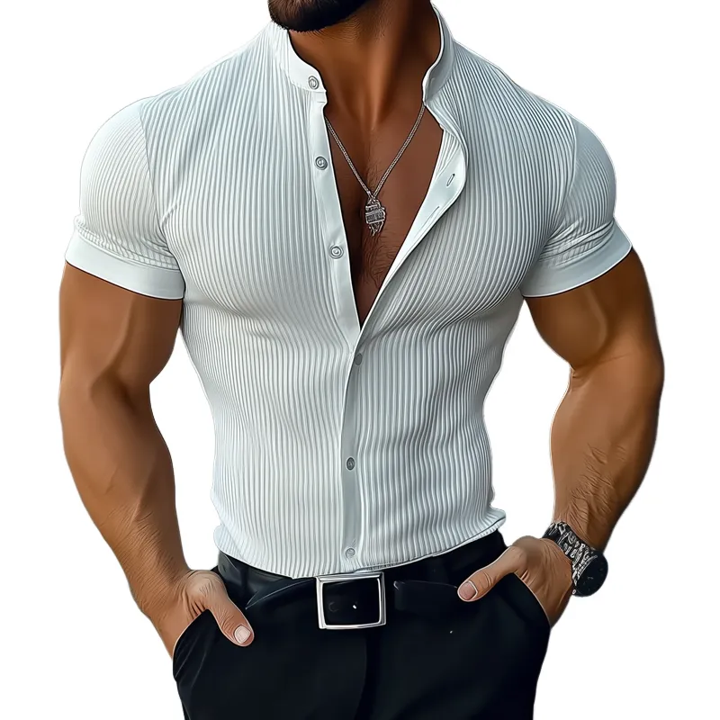 Men's Solid Striped Stand Collar Short Sleeve Shirt MTA1770D4Z sold by Manly