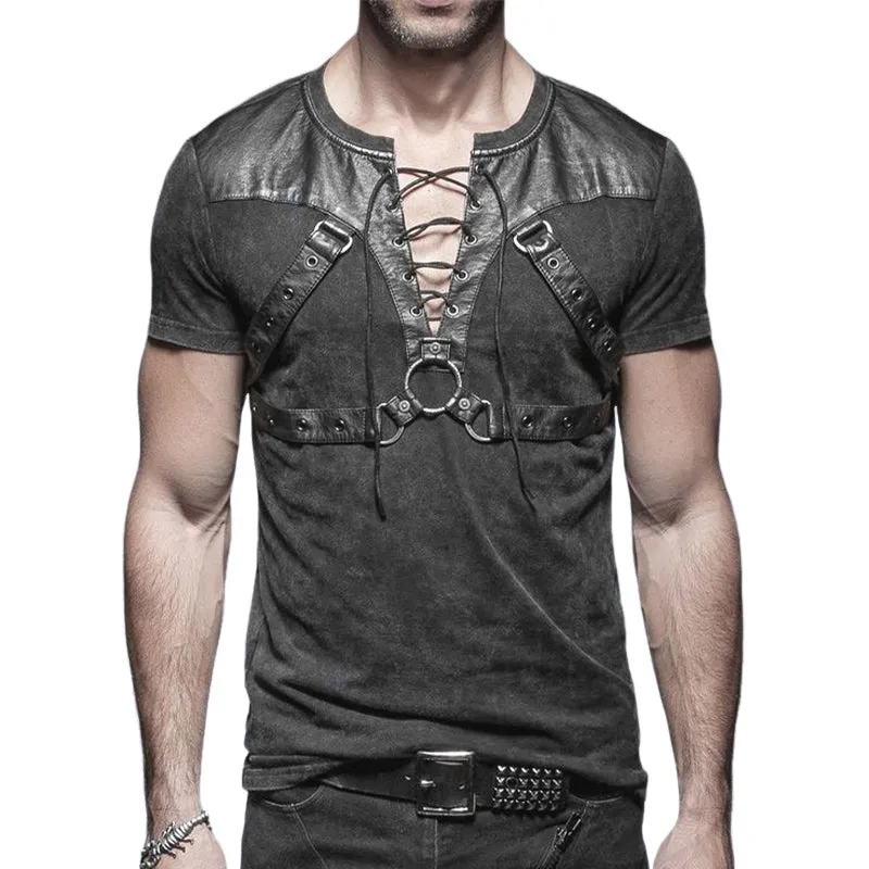 Men's Summer Fashion Leather Stitching Lace-Up T-Shirt MTA1751D2U sold by Manly