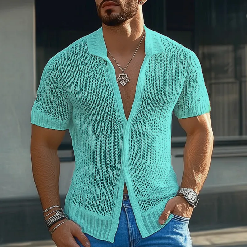 Men's Summer Solid Color Breathable Mesh Short Sleeve Shirt MTA1708D1U sold by Manly product image thumbnail 3