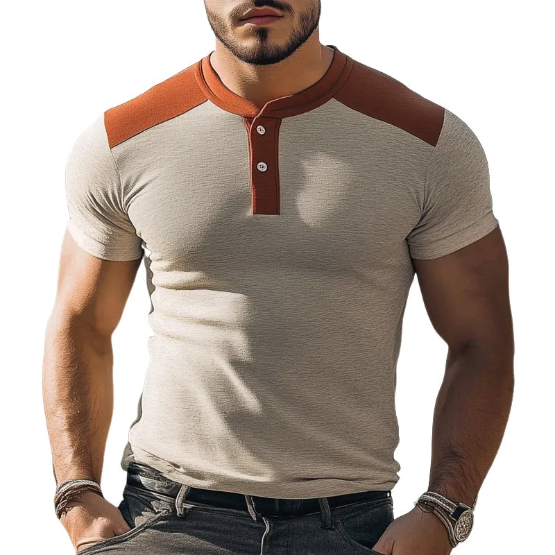 Men's Summer Business Henley Collar Colorblock Slim Fit T-Shirt MTA1631D8U sold by Manly