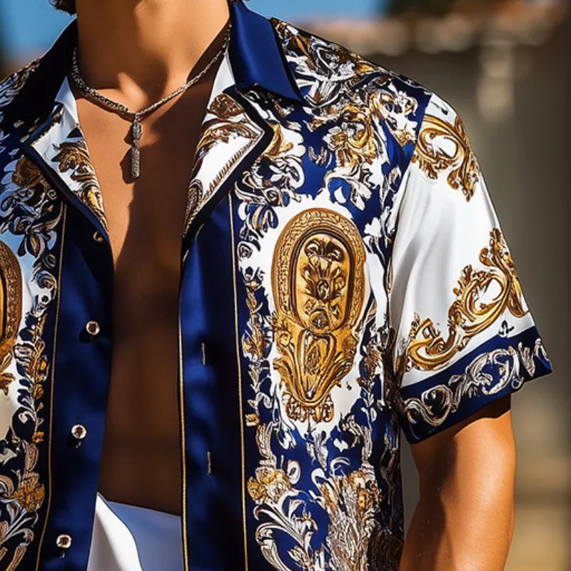 Men's Retro Luxury Palace Style Printed Satin Lapel Short Sleeve Shirt MTA1655D3TO sold by Manly product image thumbnail 3