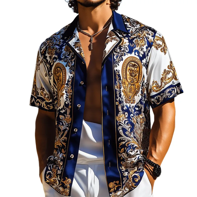 Men's Retro Luxury Palace Style Printed Satin Lapel Short Sleeve Shirt MTA1655D3TO sold by Manly