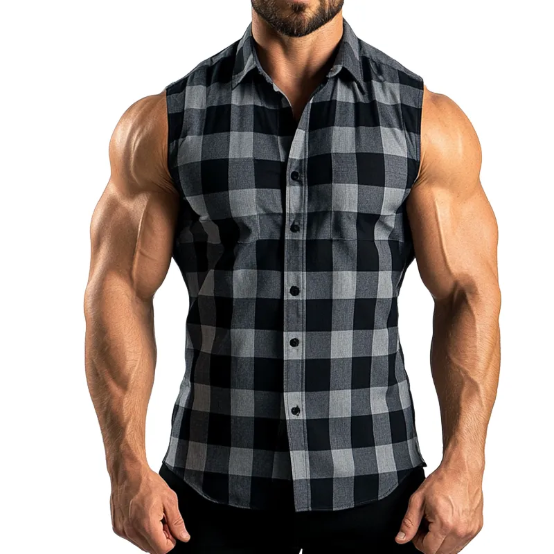 Men's Retro Casual Plaid Print Lapel Sleeveless Shirt MTA1693D0TO sold by Manly