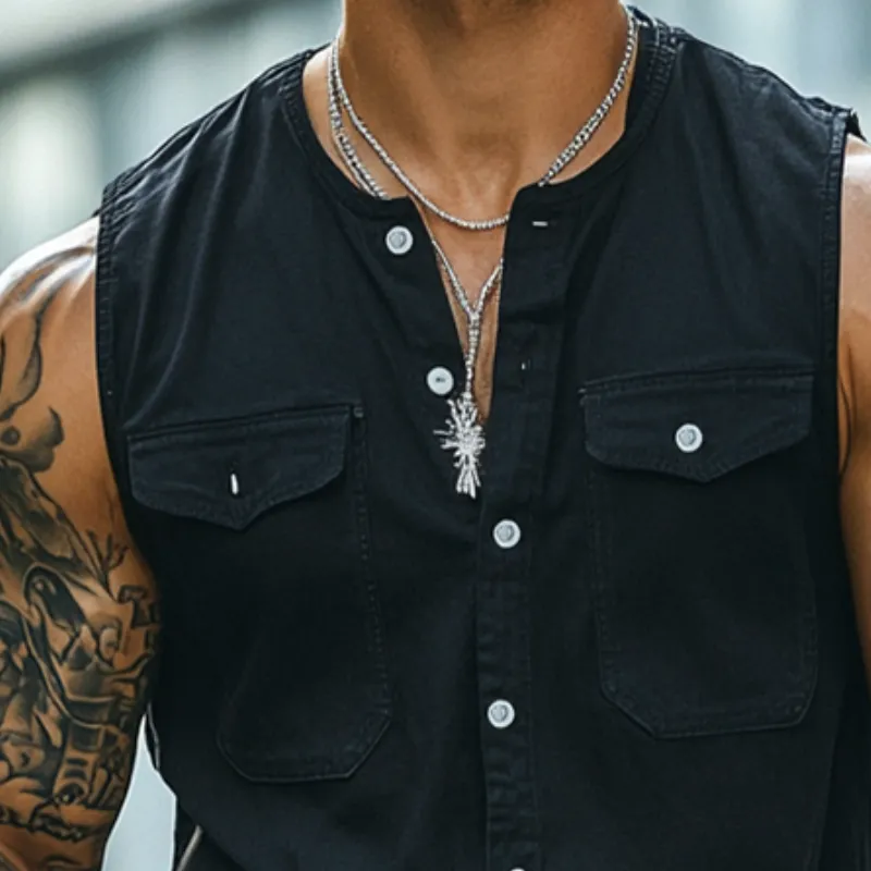 Men's Vintage Casual Cotton Pocket Collarless Sleeveless Shirt MTA1620D3TO sold by Manly product image thumbnail 3