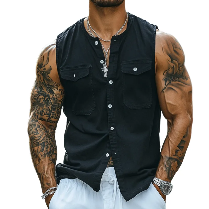 Men's Vintage Casual Cotton Pocket Collarless Sleeveless Shirt MTA1620D3TO sold by Manly