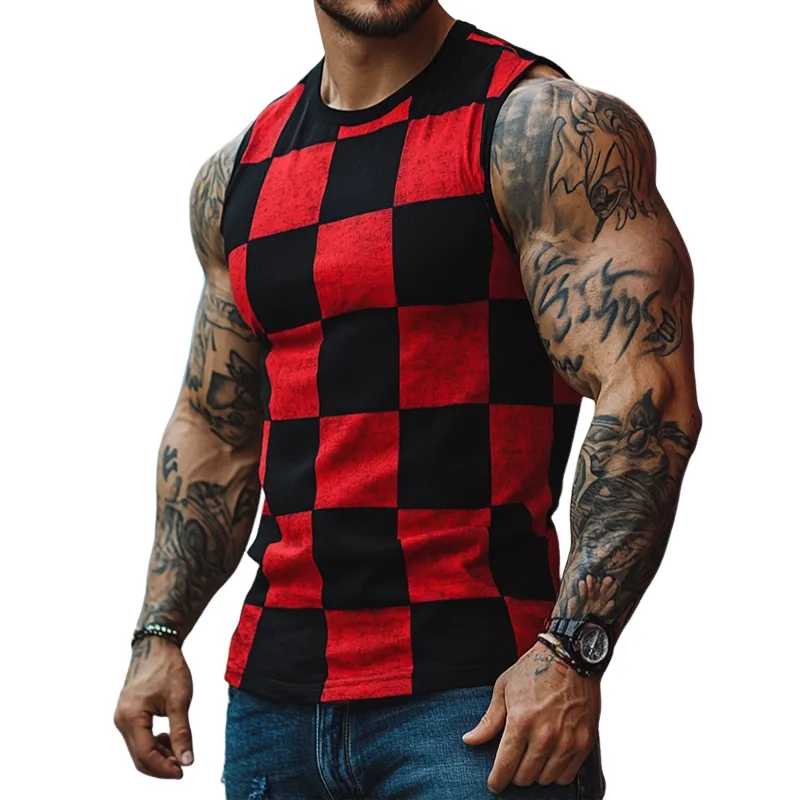 Men's Retro Casual Contrast Checkerboard Print Crew Neck Tank Top MTA1683D1TO sold by Manly