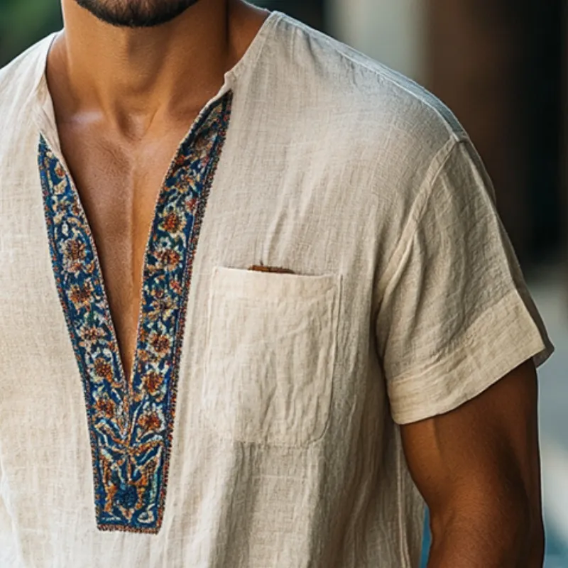 Men's Retro Casual Printed Linen Pocket Collarless Short Sleeve Shirt MTA1696D7TO sold by Manly product image thumbnail 3