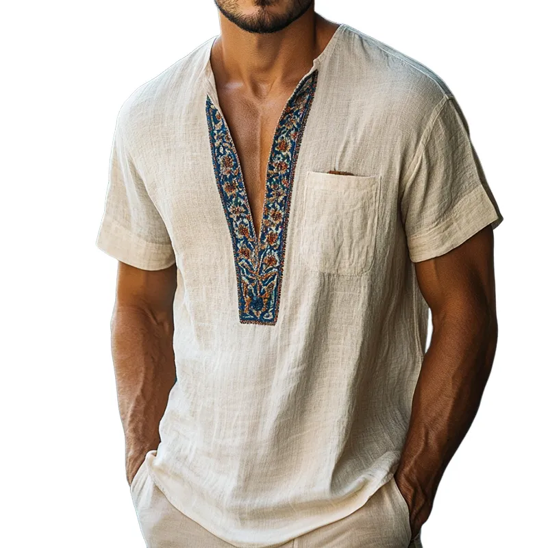 Men's Retro Casual Printed Linen Pocket Collarless Short Sleeve Shirt MTA1696D7TO sold by Manly