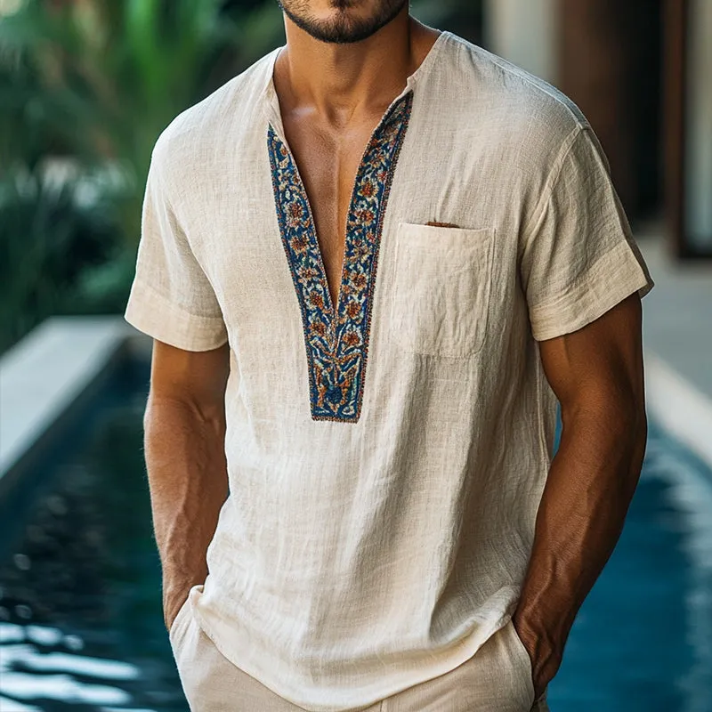 Men's Retro Casual Printed Linen Pocket Collarless Short Sleeve Shirt MTA1696D7TO sold by Manly product image thumbnail 2