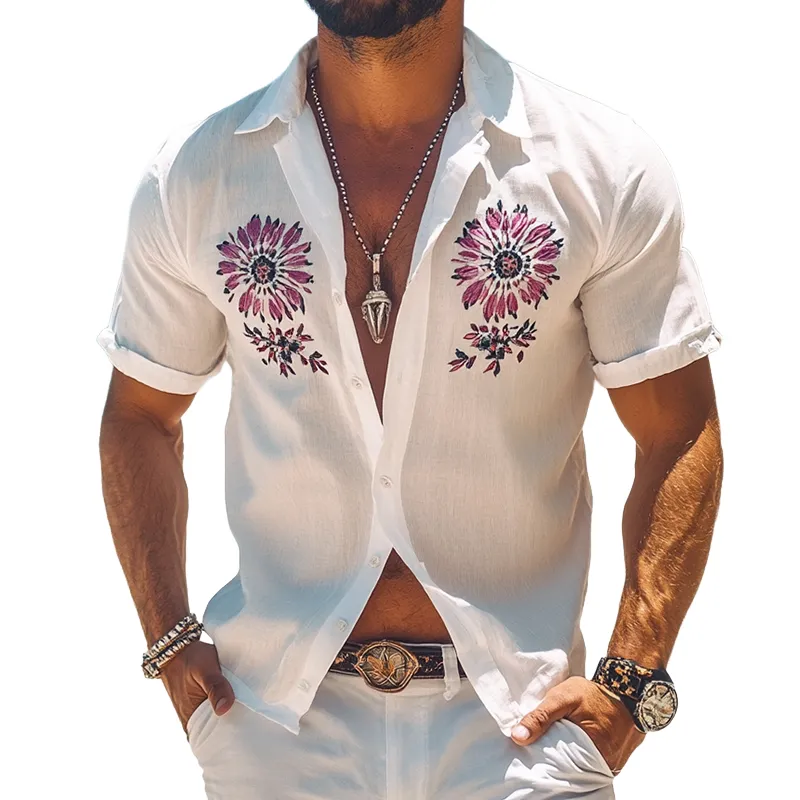 Men's Retro Casual Floral Print Linen Lapel Short Sleeve Shirt MTA1613D4TO sold by Manly