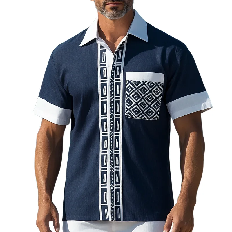 Men's Retro Casual Ethnic Style Geometric Print Linen Lapel Short Sleeve Shirt MTA1645D7TO sold by Manly
