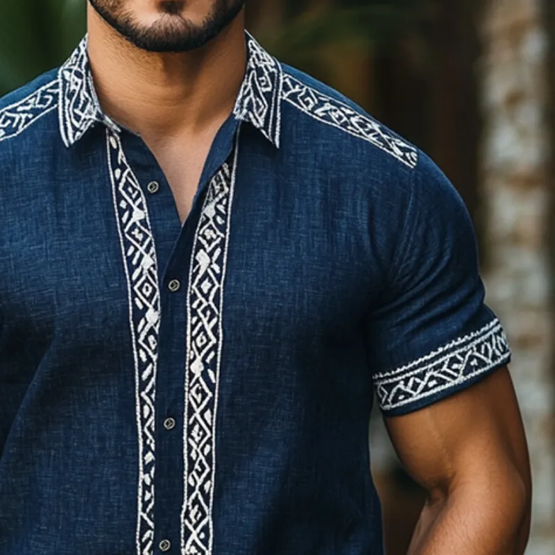 Men's Retro Casual Ethnic Style Geometric Print Linen Lapel Short Sleeve Shirt MTA1695D2TO sold by Manly product image thumbnail 3