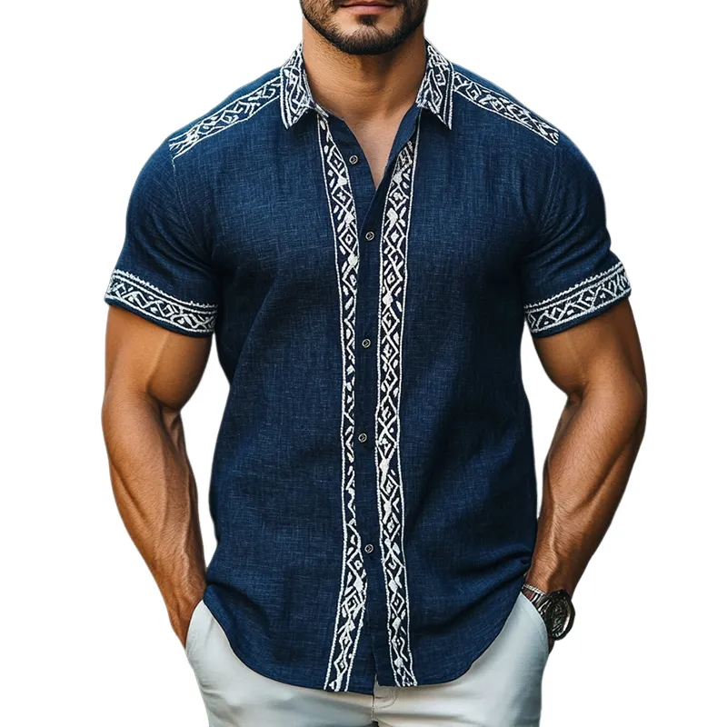Men's Retro Casual Ethnic Style Geometric Print Linen Lapel Short Sleeve Shirt MTA1695D2TO sold by Manly