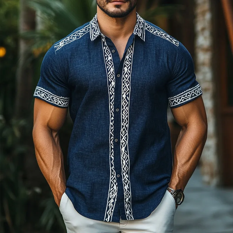 Men's Retro Casual Ethnic Style Geometric Print Linen Lapel Short Sleeve Shirt MTA1695D2TO sold by Manly product image thumbnail 2