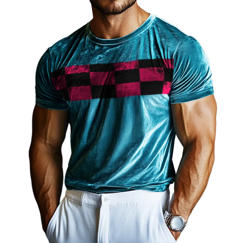 Men's Casual Checkerboard Print Velvet Round Neck Short Sleeve T-Shirt MTA1635D3TO sold by Manly