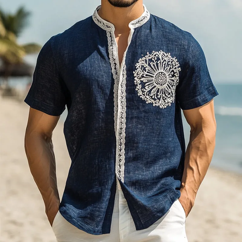 Men's Retro Casual Ethnic Style Embroidered Stand Collar Short Sleeve Shirt MTA1655D5TO sold by Manly product image thumbnail 2