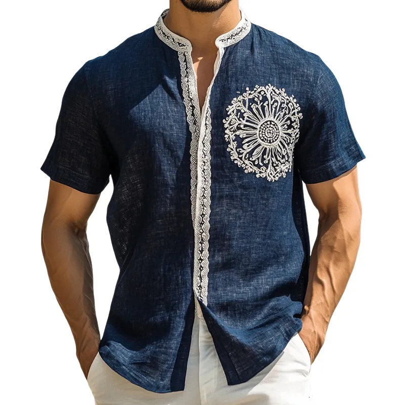 Men's Retro Casual Ethnic Style Embroidered Stand Collar Short Sleeve Shirt MTA1655D5TO sold by Manly