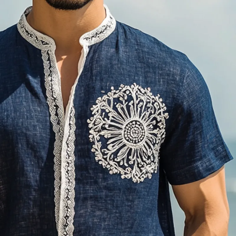 Men's Retro Casual Ethnic Style Embroidered Stand Collar Short Sleeve Shirt MTA1655D5TO sold by Manly product image thumbnail 3