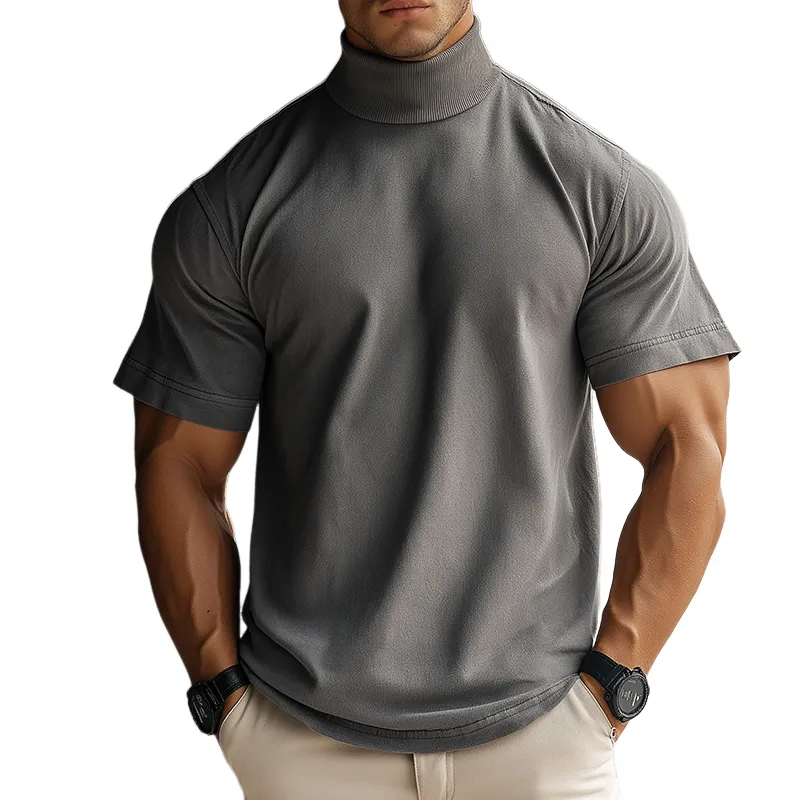 Men's Casual Washed High Collar Short Sleeve T-Shirt MTA1663D8TO sold by Manly