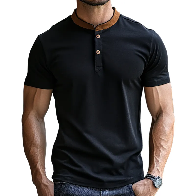 Men's Retro Casual Cotton Colorblock Stand Collar Short Sleeve T-Shirt MTA1601D9TO sold by Manly