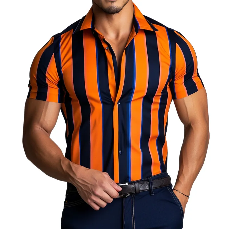 Men's Casual Stripe Print Lapel Short Sleeve Shirt MTA1614D9TO sold by Manly