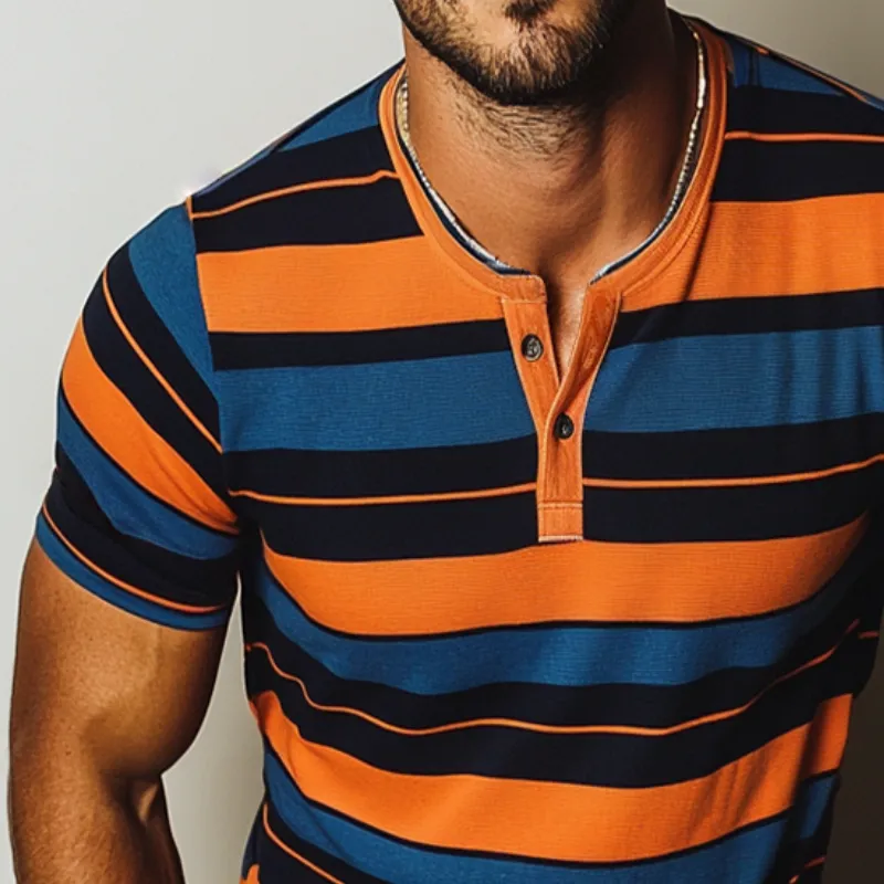 Men's Casual Stripe Print Henley Neck Short Sleeve T-Shirt MTA1639D6TO sold by Manly product image thumbnail 3