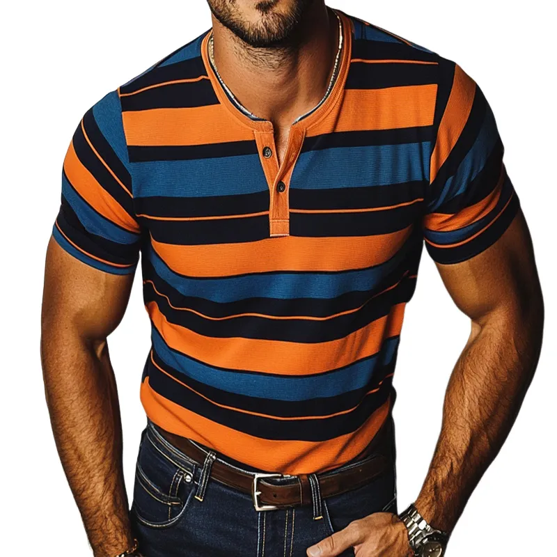 Men's Casual Stripe Print Henley Neck Short Sleeve T-Shirt MTA1639D6TO sold by Manly