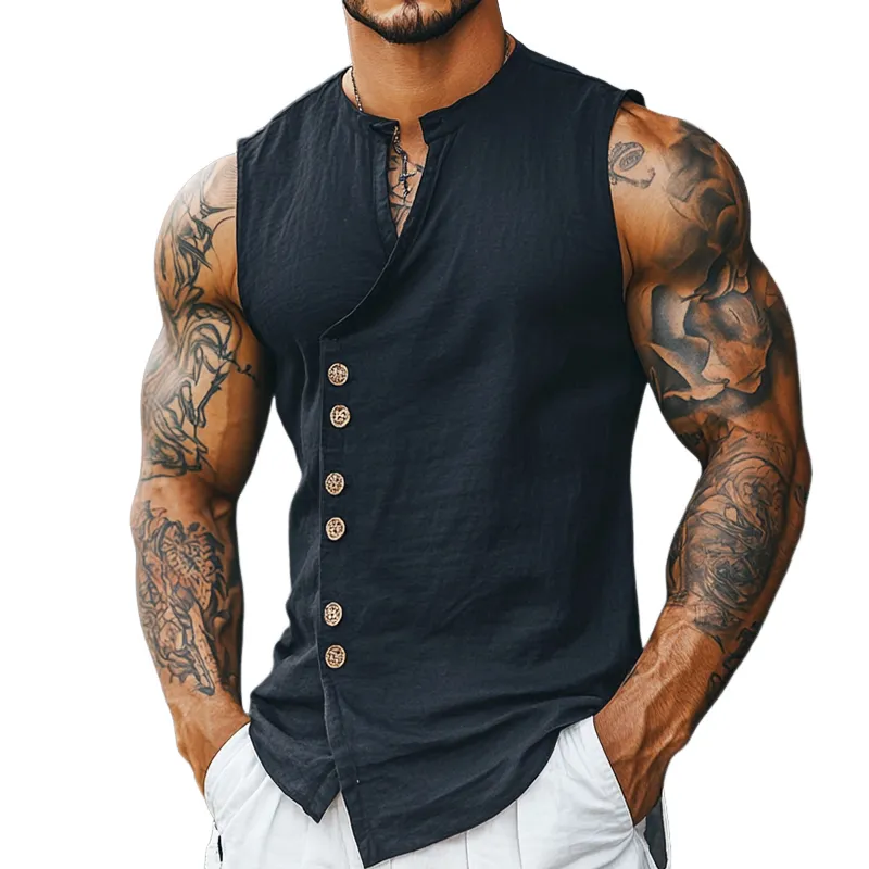Men's Retro Casual Solid Color Linen Stand Collar Sleeveless Shirt MTA1688D0TO sold by Manly