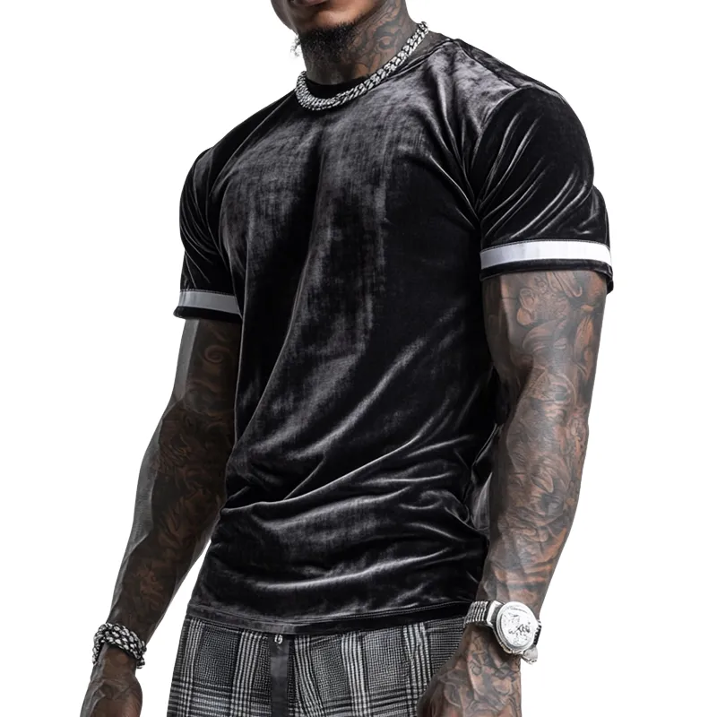 Men's Retro Casual Velvet Stitching Round Neck Short Sleeve T-Shirt MTA1640D7TO sold by Manly