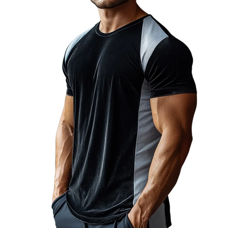 Men's Retro Casual Velvet Stitching Round Neck Short Sleeve T-Shirt MTA1683D5TO sold by Manly