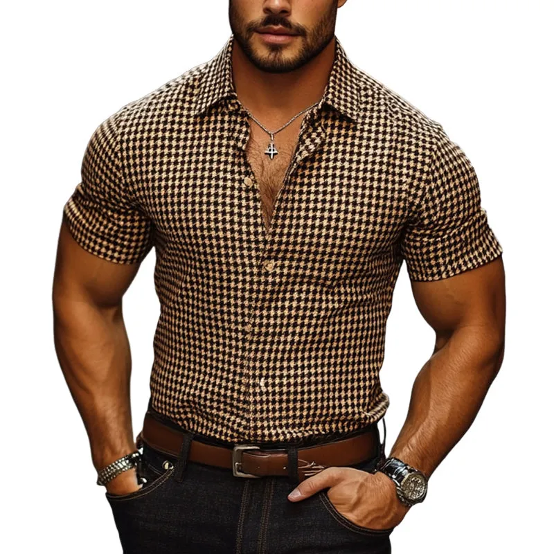 Men's Houndstooth Lapel Short Sleeve Shirt MTA1718D0X sold by Manly