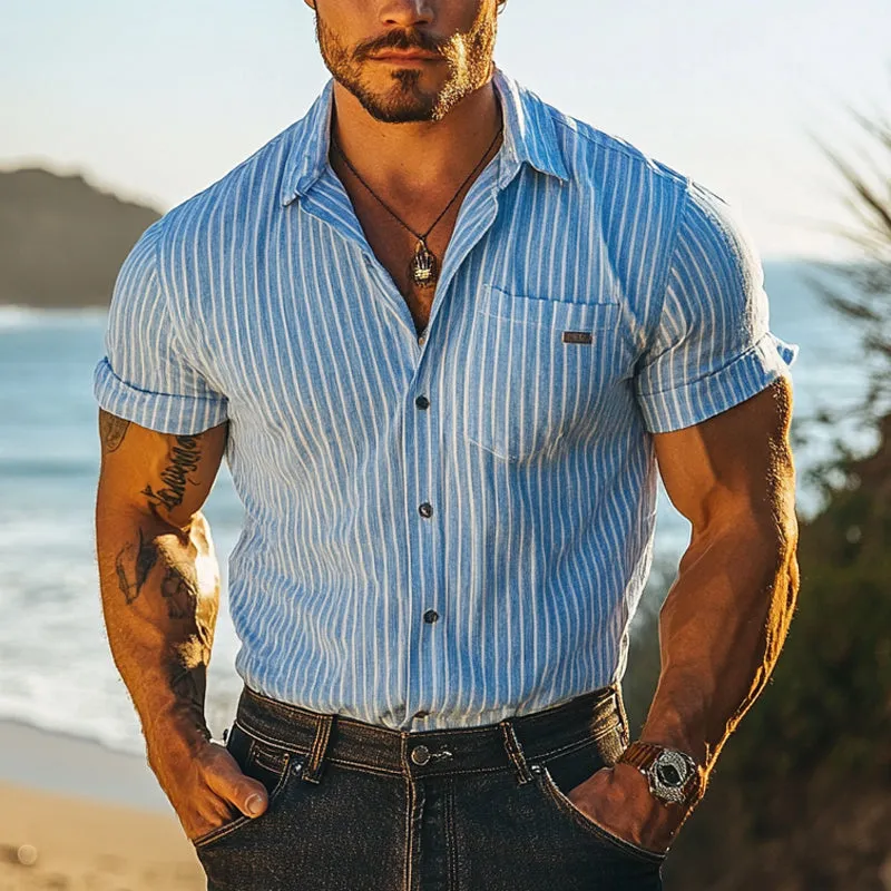 Men's Striped Casual Lapel Short Sleeve Shirt MTA1706D7X sold by Manly product image thumbnail 2