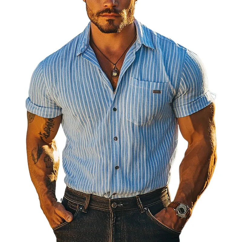 Men's Striped Casual Lapel Short Sleeve Shirt MTA1706D7X sold by Manly
