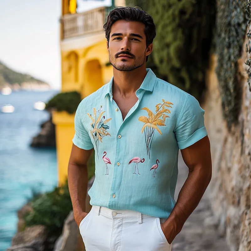 Men's Summer Fashion Hawaiian Style Flamingo Embroidery Cotton and Linen Short Sleeve Shirt MTA2115D5K sold by Manly product image thumbnail 3
