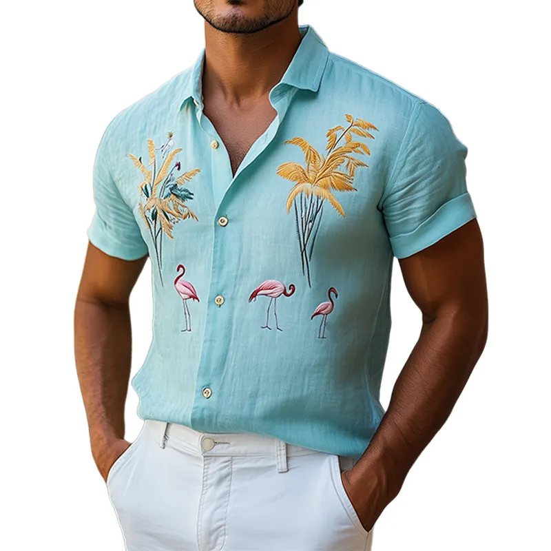Men's Summer Fashion Hawaiian Style Flamingo Embroidery Cotton and Linen Short Sleeve Shirt MTA2115D5K sold by Manly