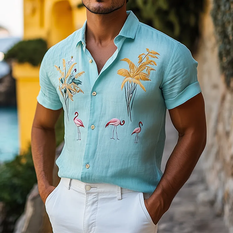 Men's Summer Fashion Hawaiian Style Flamingo Embroidery Cotton and Linen Short Sleeve Shirt MTA2115D5K sold by Manly product image thumbnail 2