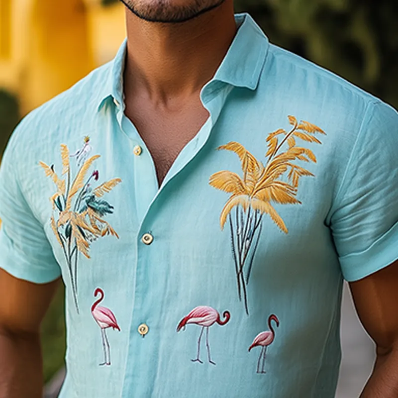 Men's Summer Fashion Hawaiian Style Flamingo Embroidery Cotton and Linen Short Sleeve Shirt MTA2115D5K sold by Manly product image thumbnail 4
