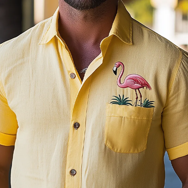 Men's Summer Fashion Hawaiian Style Pocket Flamingo Embroidery Cotton and Linen Short Sleeve Shirt MTA2165D5K sold by Manly product image thumbnail 3