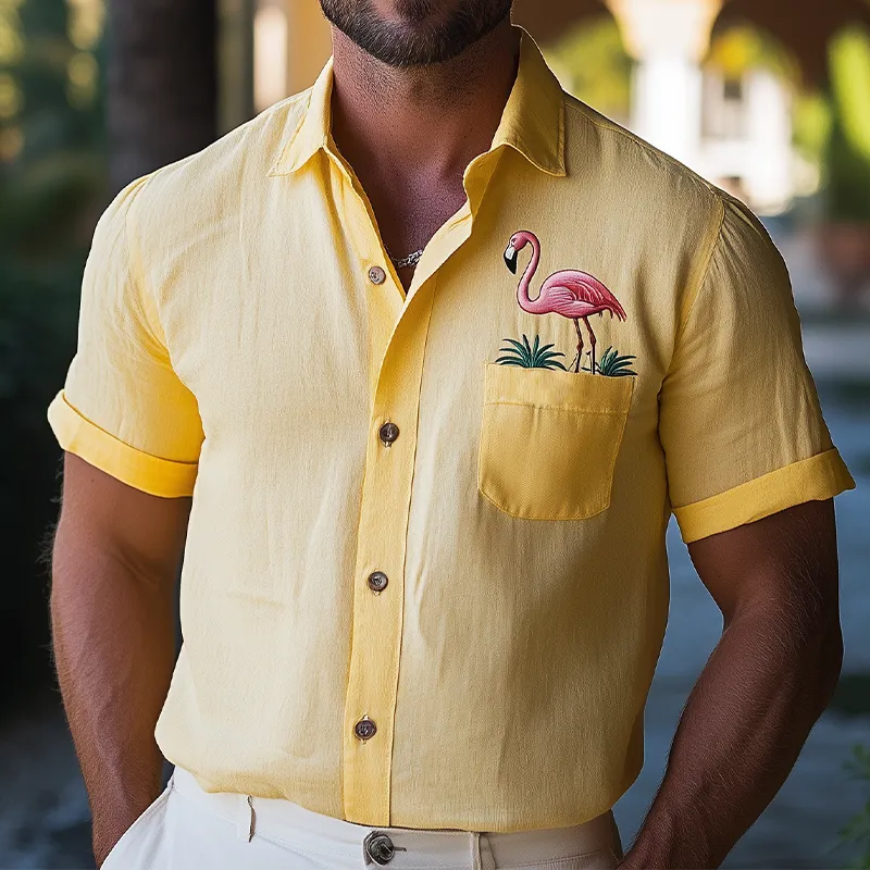 Men's Summer Fashion Hawaiian Style Pocket Flamingo Embroidery Cotton and Linen Short Sleeve Shirt MTA2165D5K sold by Manly product image thumbnail 2