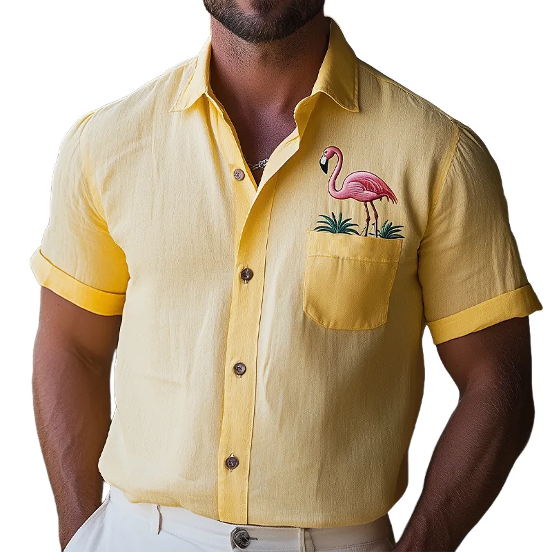 Men's Summer Fashion Hawaiian Style Pocket Flamingo Embroidery Cotton and Linen Short Sleeve Shirt MTA2165D5K sold by Manly