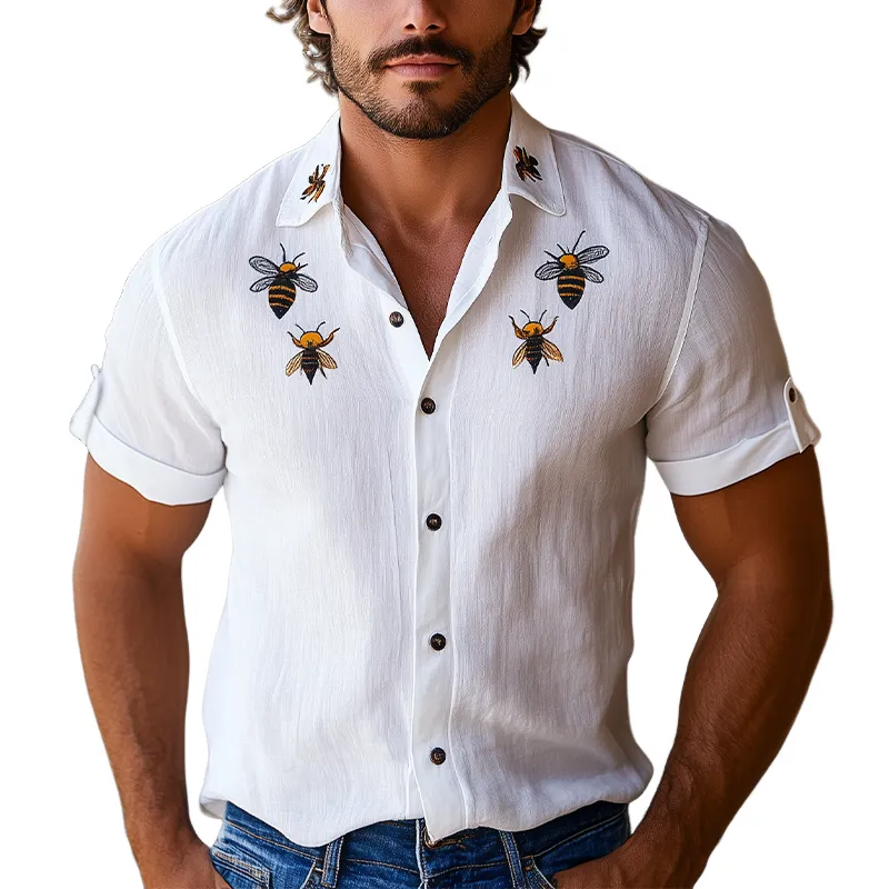 Men's Summer Fashion Hawaiian Style Bee Embroidery Cotton and Linen Short Sleeve Shirt MTA2129D3K sold by Manly