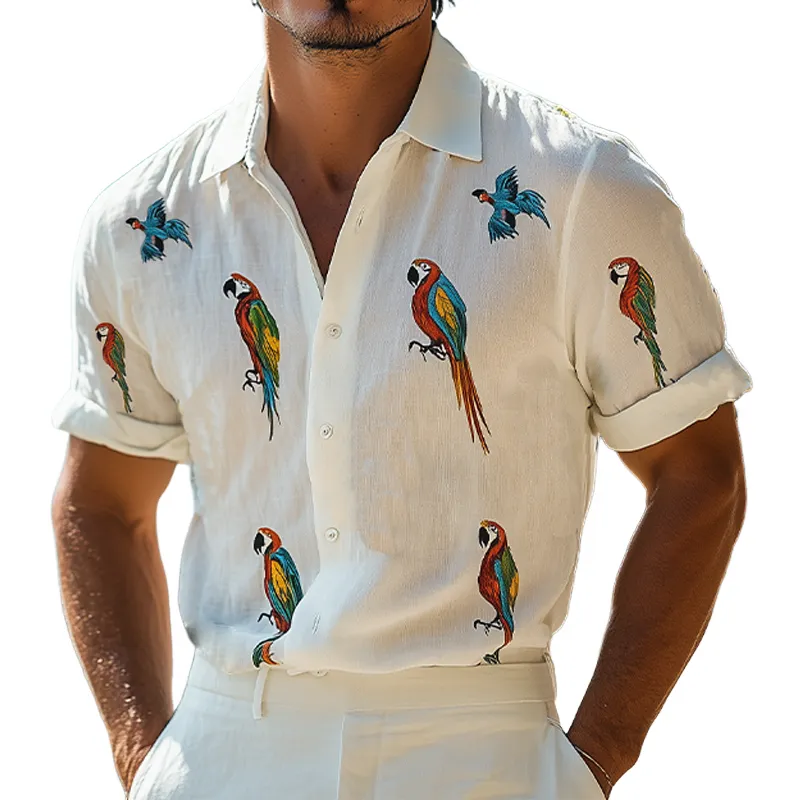 Men's Summer Fashion Hawaiian Style Woodpecker Embroidery Cotton and Linen Short Sleeve Shirt MTA2109D5K sold by Manly