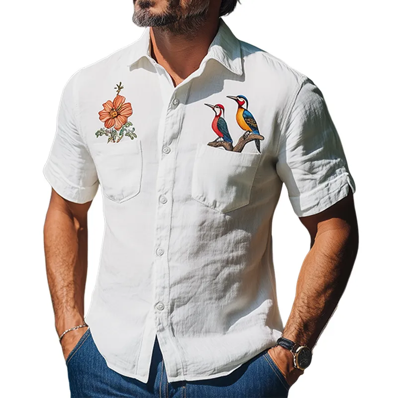 Men's Summer Fashion Hawaiian Style Woodpecker Flower Embroidery Cotton and Linen Short Sleeve Shirt MTA2101D9K sold by Manly