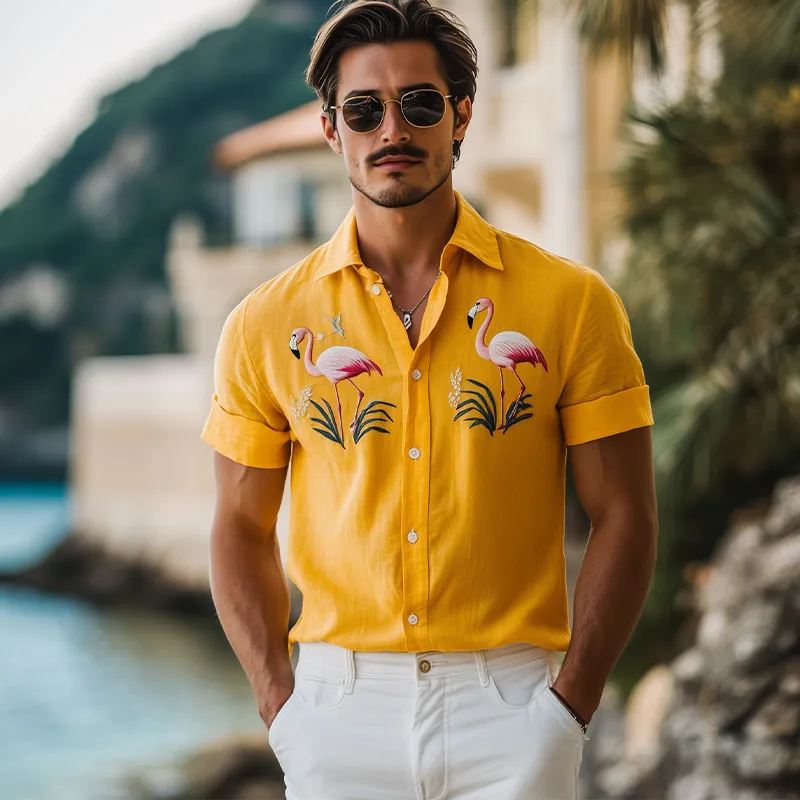 Men's Summer Fashion Hawaiian Style Flamingo Embroidery Cotton and Linen Short Sleeve Shirt MTA2186D2K sold by Manly product image thumbnail 3