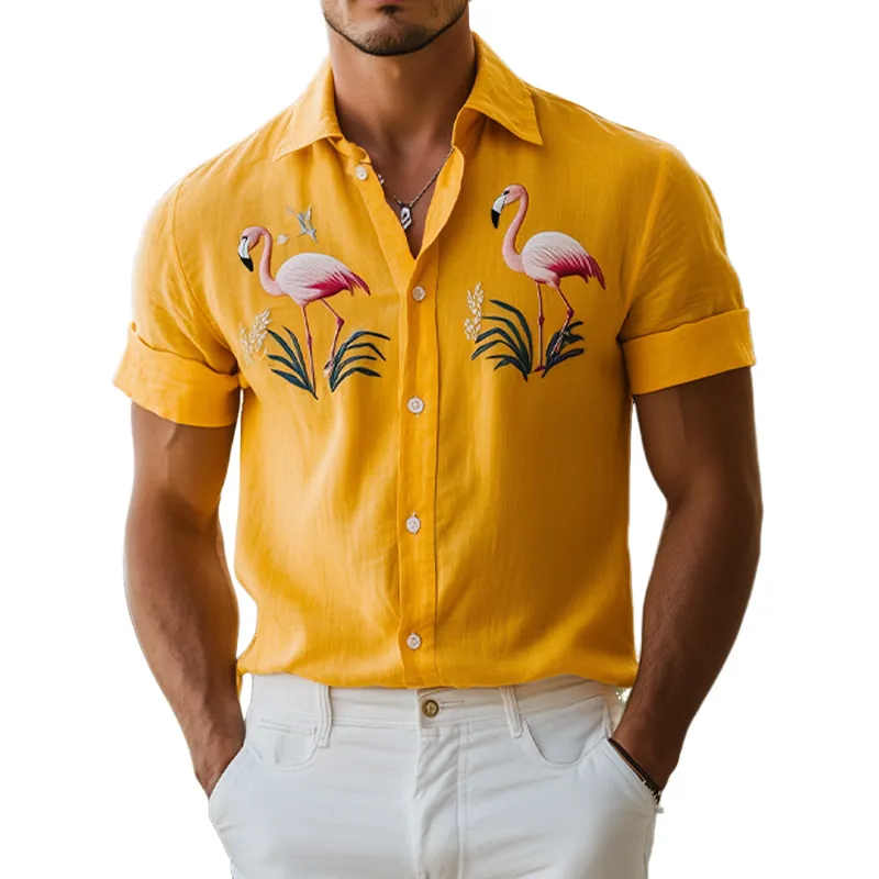 Men's Summer Fashion Hawaiian Style Flamingo Embroidery Cotton and Linen Short Sleeve Shirt MTA2186D2K sold by Manly