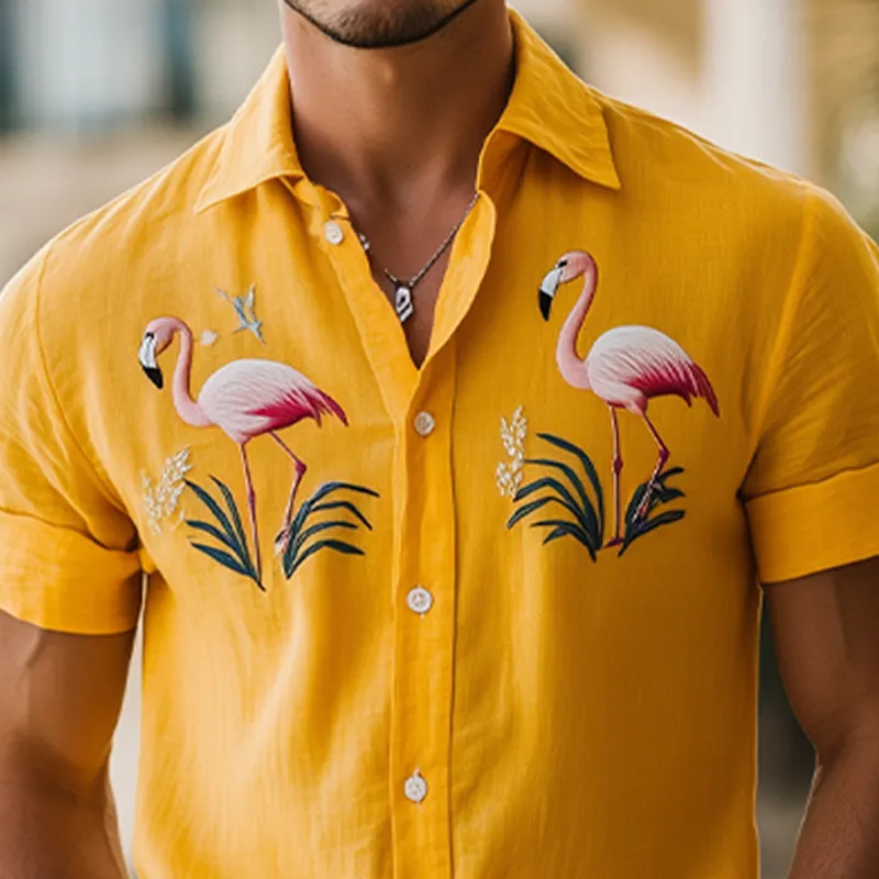 Men's Summer Fashion Hawaiian Style Flamingo Embroidery Cotton and Linen Short Sleeve Shirt MTA2186D2K sold by Manly product image thumbnail 4