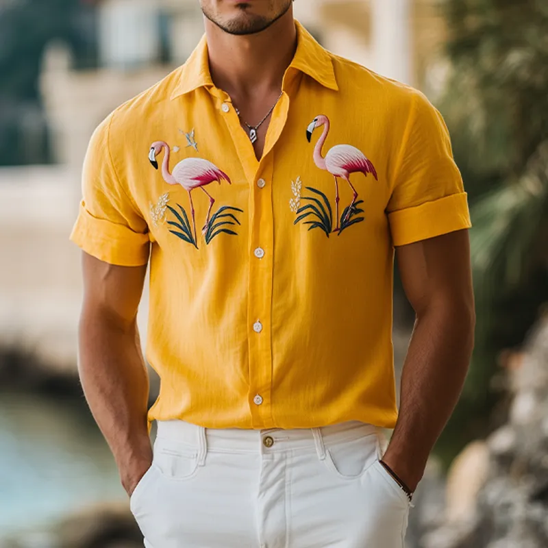 Men's Summer Fashion Hawaiian Style Flamingo Embroidery Cotton and Linen Short Sleeve Shirt MTA2186D2K sold by Manly product image thumbnail 2