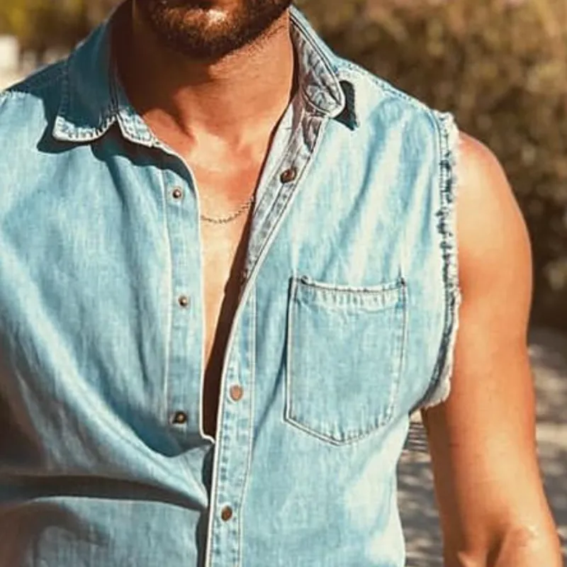 Men's Retro Casual Washed Denim Lapel Sleeveless Shirt MTA1611D6TO sold by Manly product image thumbnail 3