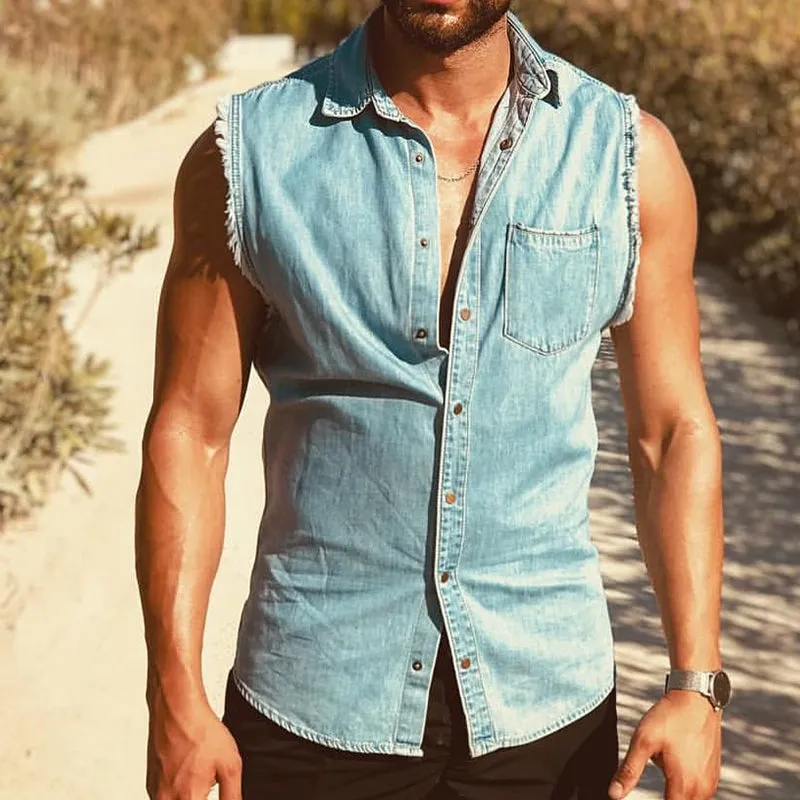 Men's Retro Casual Washed Denim Lapel Sleeveless Shirt MTA1611D6TO sold by Manly product image thumbnail 2